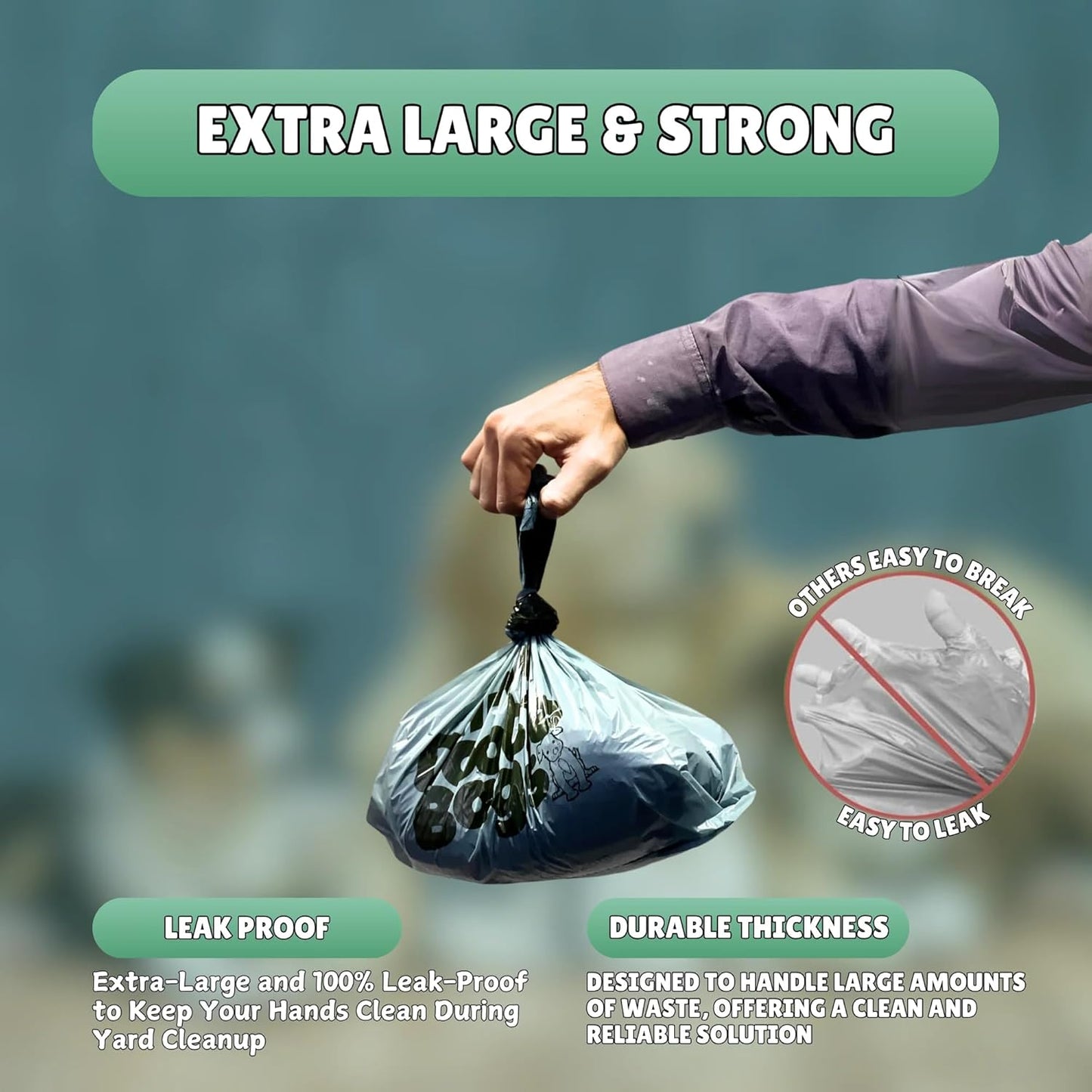 HEAVY Dootie Bags® VERY LARGE Dog and Cat Waste Poop Bags. 100 Count Strong Multi-Use, Leakproof with EZ Tie Handles and Gussets. Made with Corn Starch. Fits and Swivel Bin Pooper Scoopers.