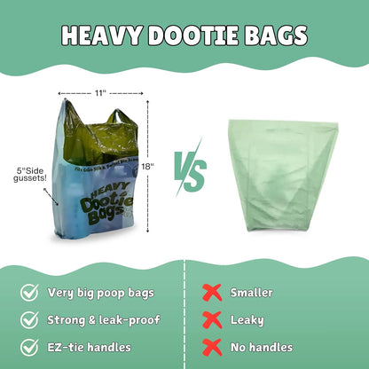 HEAVY Dootie Bags® VERY LARGE Dog and Cat Waste Poop Bags. 100 Count Strong Multi-Use, Leakproof with EZ Tie Handles and Gussets. Made with Corn Starch. Fits  and Swivel Bin Pooper Scoopers.